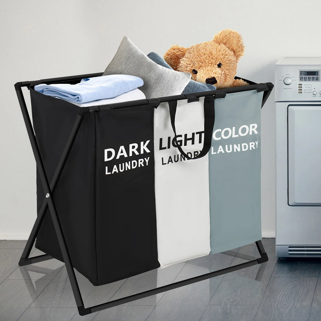 3 Sections Divided Laundry Basket  Laundry Hamper Foldable Washing Bin Dirty Cloth