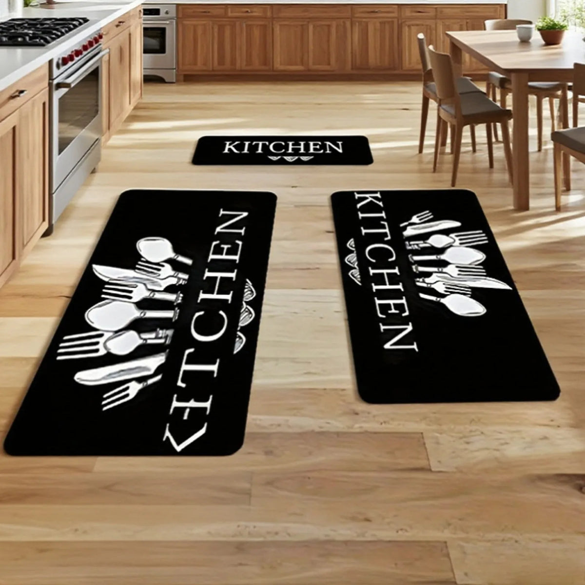 Long, non-slip, printed plush mat—suitable for kitchens, dining areas, bathrooms (absorbent), toilets, and doorways.