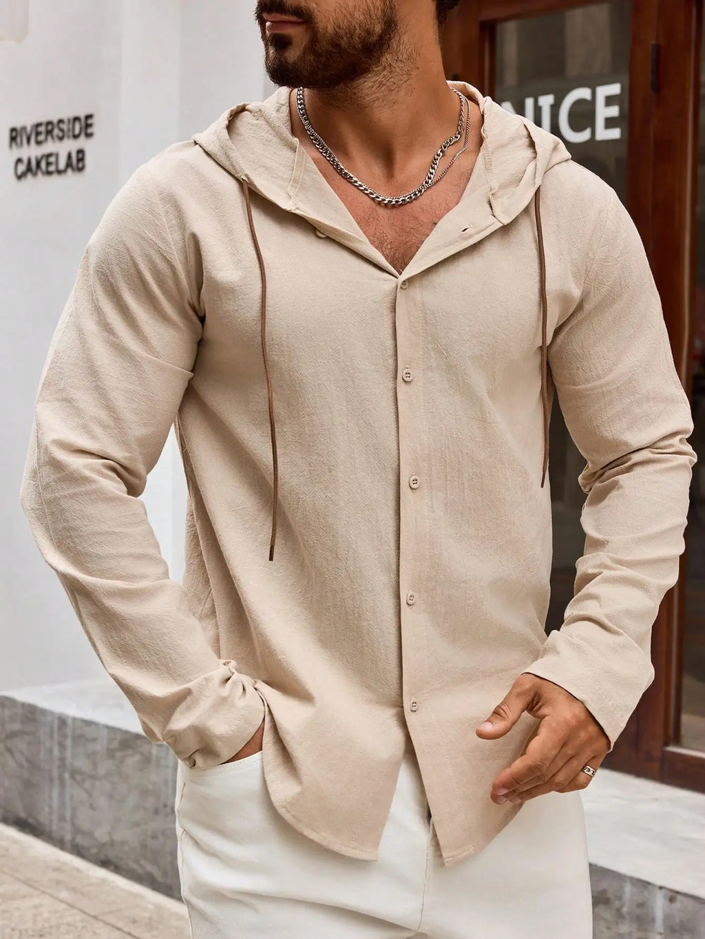 Men's Cotton Hooded Button-Up Shirt Long Sleeve Casual Lightweight Breathable Top