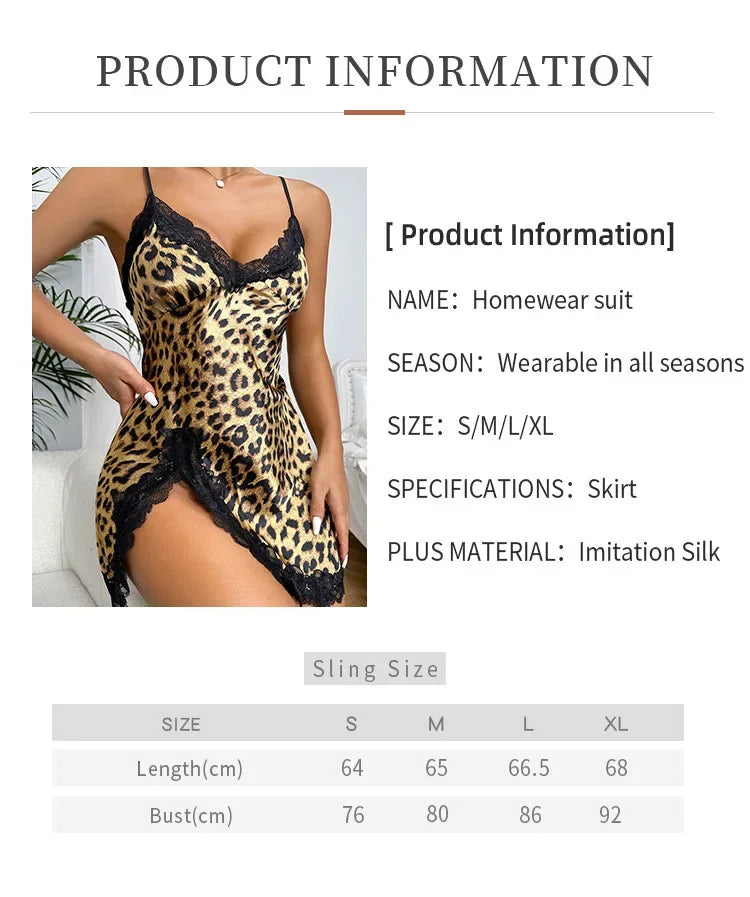 Lace Trim Leopard Nightdress V Neck Backless  Sleepwear Dresses