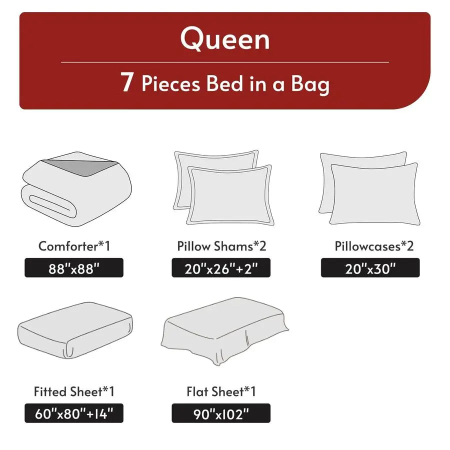 7 Pieces Queen Comforter Set, Reversible Bed in a Bag Queen Size, Set with Comforter, Flat Sheet,