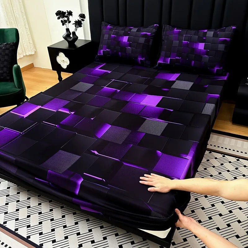 3pcs Cool Technology Digital Printing Material Plaid Fitted Sheet(1pc Bed Sheet+2pcs Pillowcase No Filling)