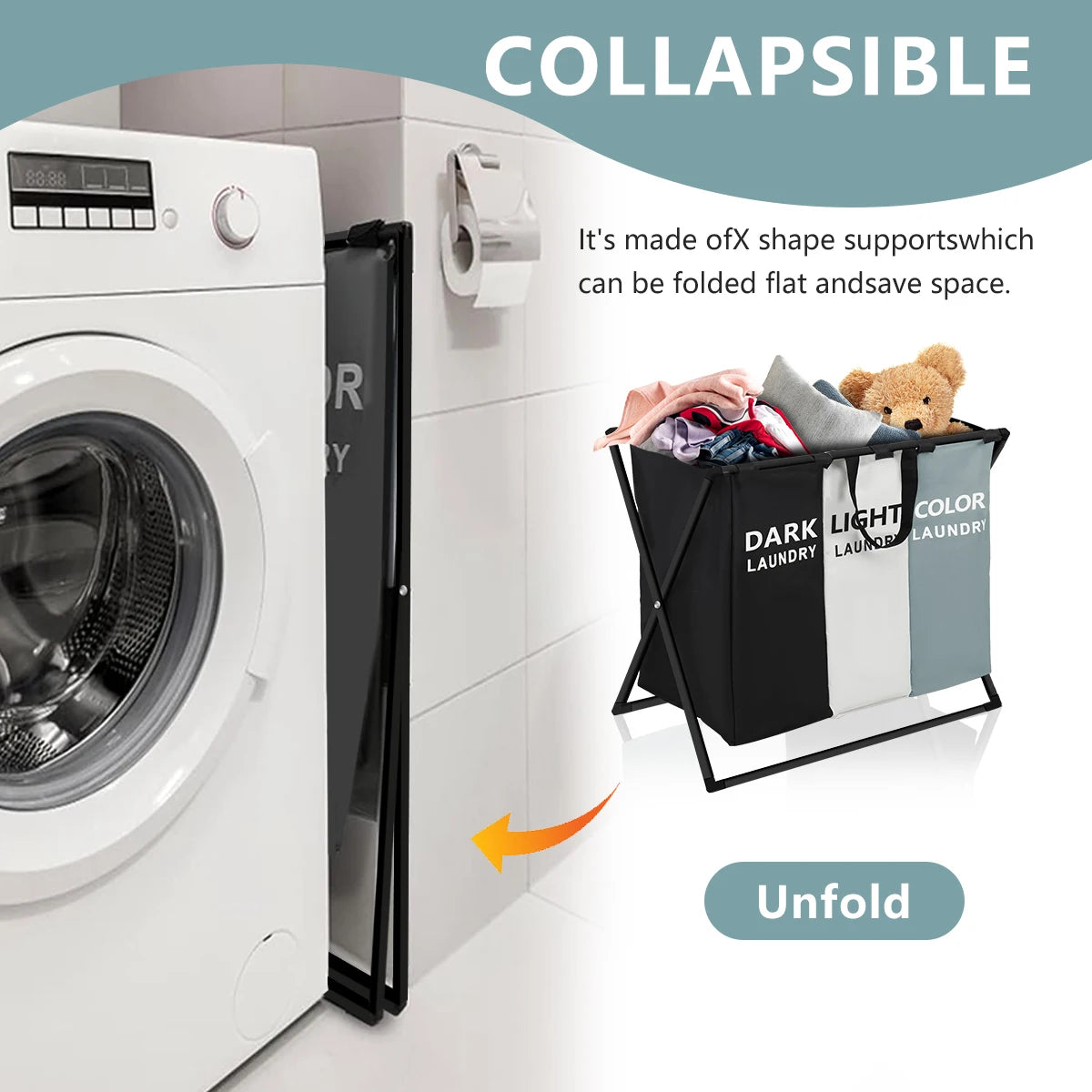 3 Sections Divided Laundry Basket  Laundry Hamper Foldable Washing Bin Dirty Cloth