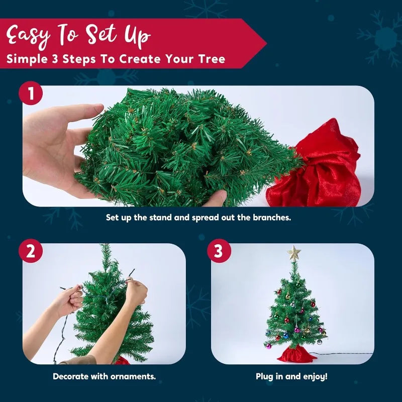 24''/2 FT Mini Christmas Tree Tabletop Set with Clear LED Lights Artificial Mini Christmas Tree with Star Treetop and Hanging Ornaments,  (Storage Bag Included)