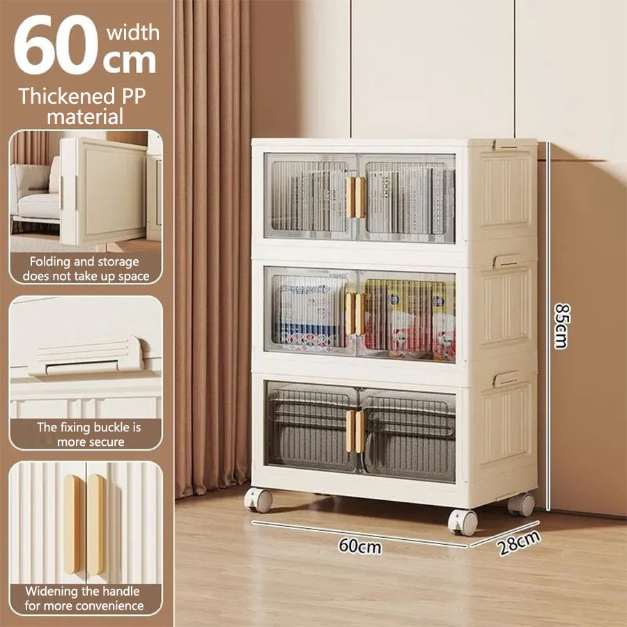 Extra-large 3/4/5-layer foldable plastic storage cabinet with doors, with wheels, stackable