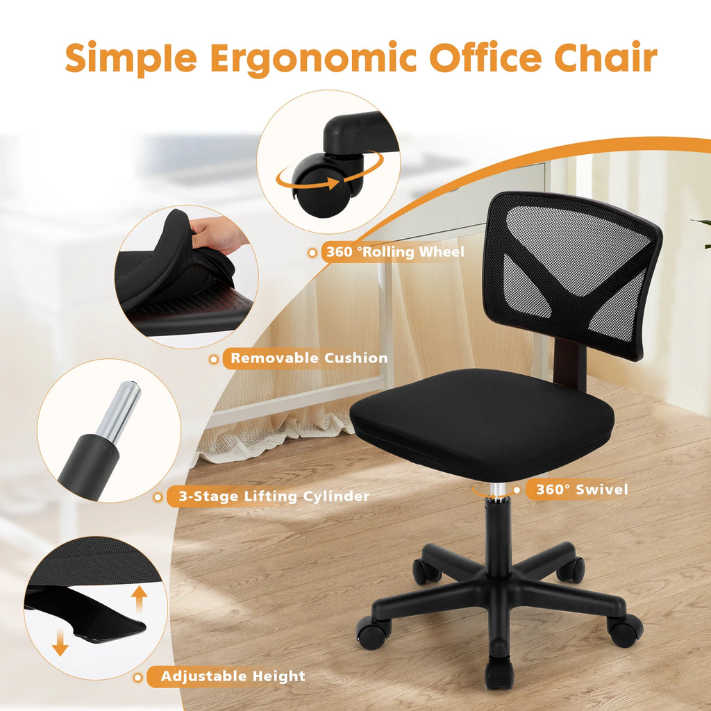 Lumbar Support Armless Office Chair Low Back with Wheels Adjustable Height 360°