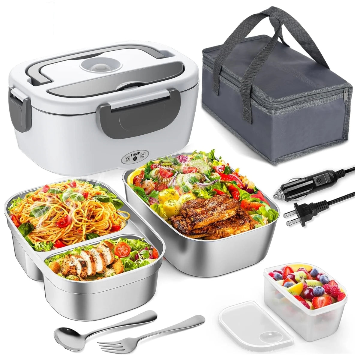 Electric Lunch Box for Adults-60W Fast Heated Lunch Box for with Dual 1.5LStainless Steel Containers