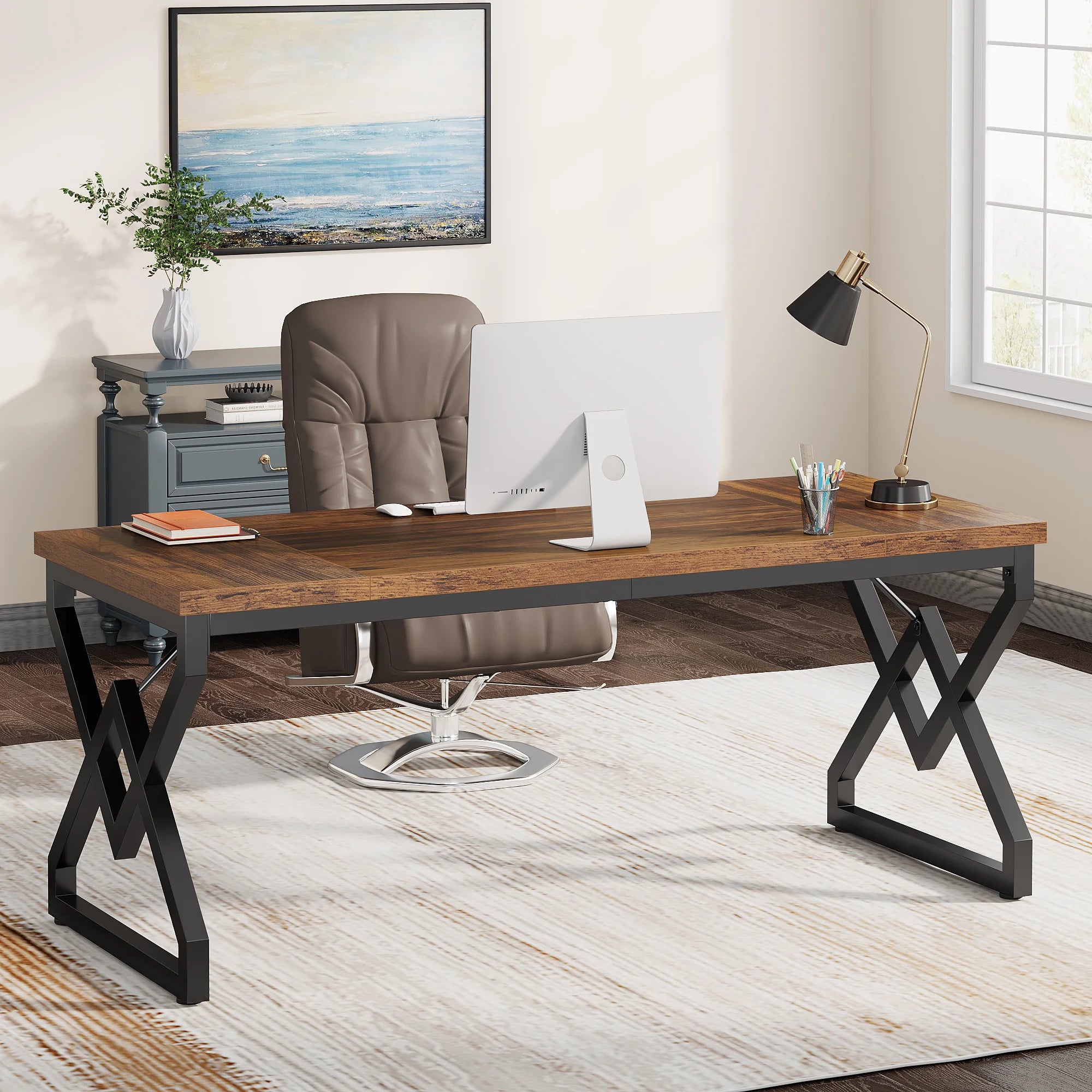 Tribesign 63" Large Industrial Executive Desk  Tabletop & Metal Frame, Heavy-Duty Home Office Desk