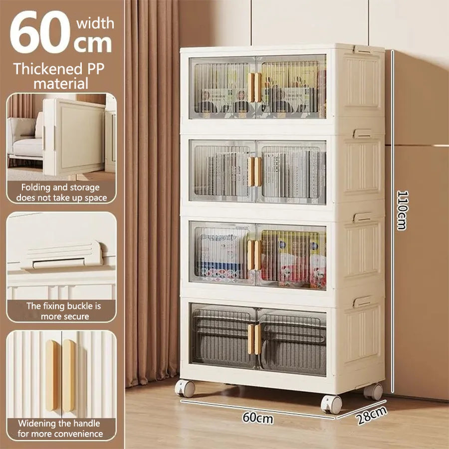Extra-large 3/4/5-layer foldable plastic storage cabinet with doors, with wheels, stackable