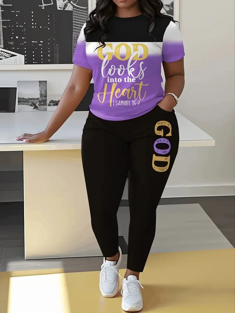 Plus Size Casual Women's Suit, Fashionable Gradient Print Color Matching Two-Piece Set