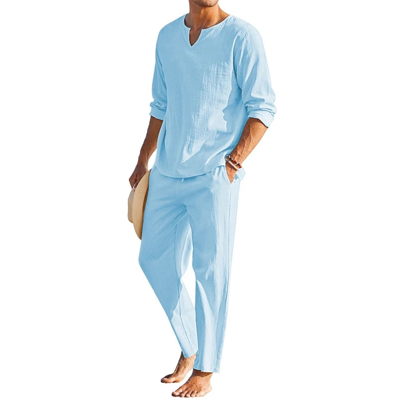 Men s Summer Cotton Linen   Long Sleeve Henley Shirt Elastic Waist Drawstring Pants 2 Pieces Loungewear Set