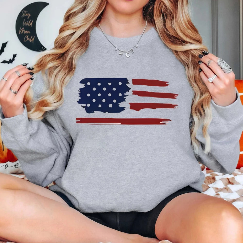 Brush Stroke Flag Sweatshirt Artistic Patriotic Print Casual Loose Long Sleeved