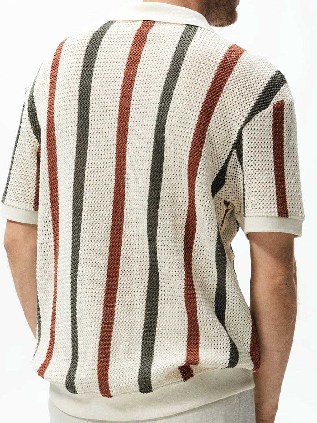 Men's Summer Chunky Knit Short-Sleeve Polo Shirt With Stripes And Contrast Colors, Casual Wear