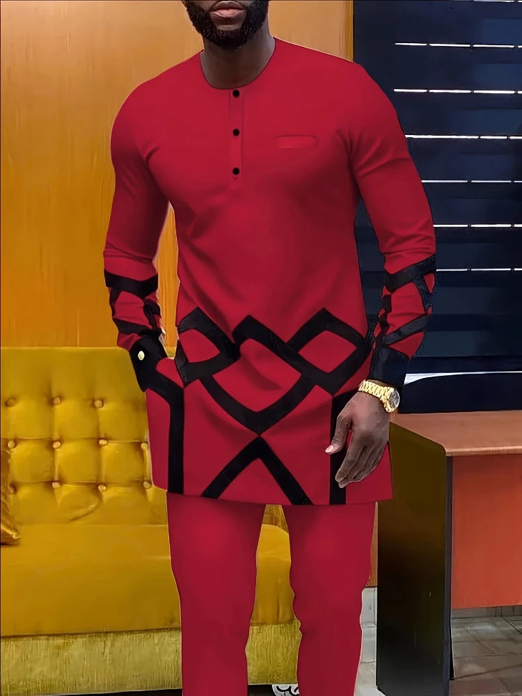 Men's Casual Long-Sleeved Two-Piece Set: Mid-Length Top and Trousers
