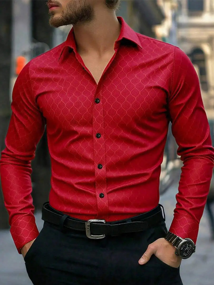 Men's Slim Fit Long Sleeve Button Down Dress Shirt with Geometric Pattern, Black, Fall