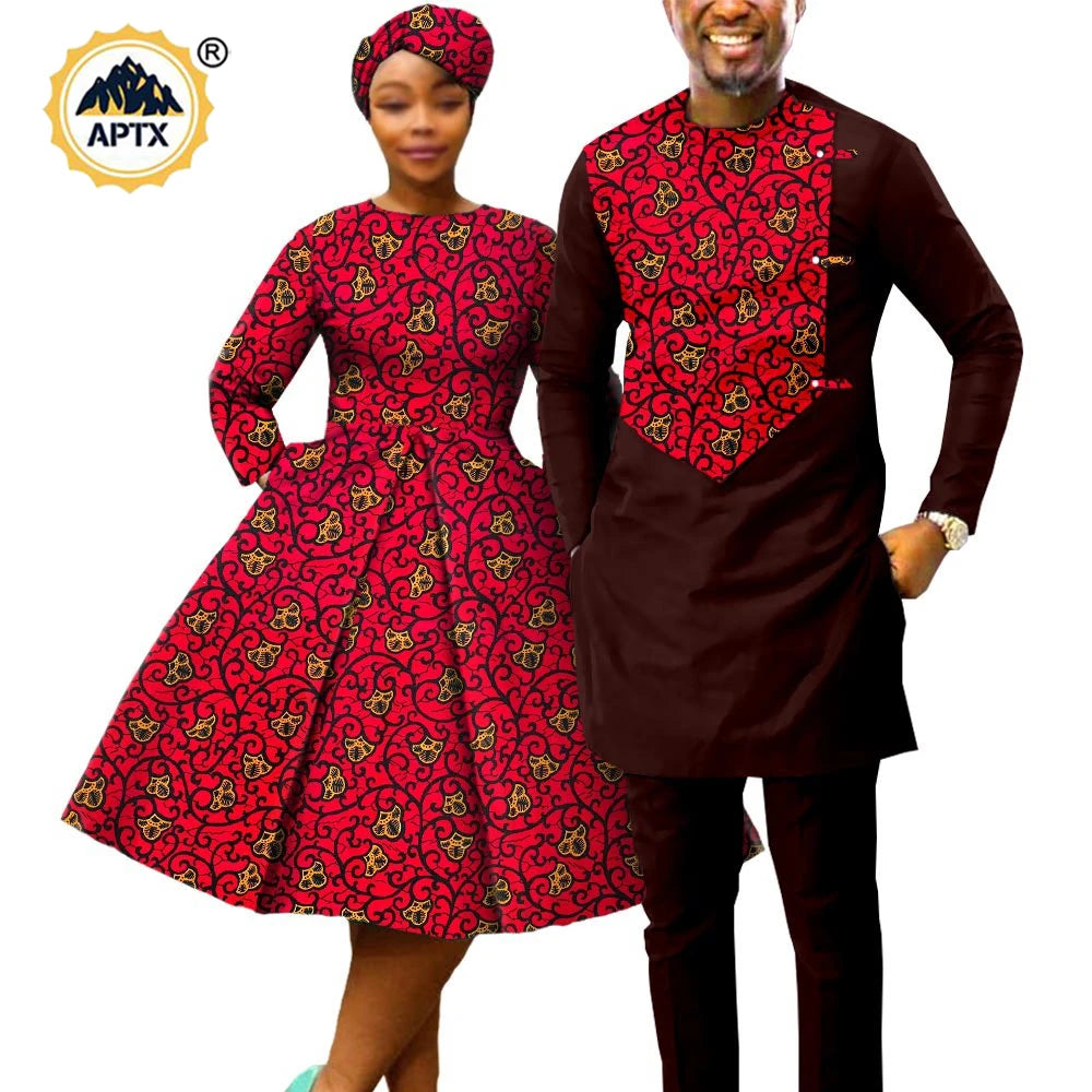 African Print Dresses for Women with Head wrap Matching Couple Outfits Men Patchwork Shirt and Pants Sets