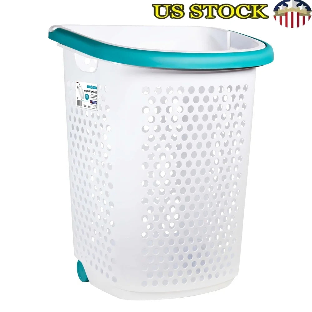 Rolling Laundry Hamper with Pop-up Handle Large Capacity Plastic Storage Basket