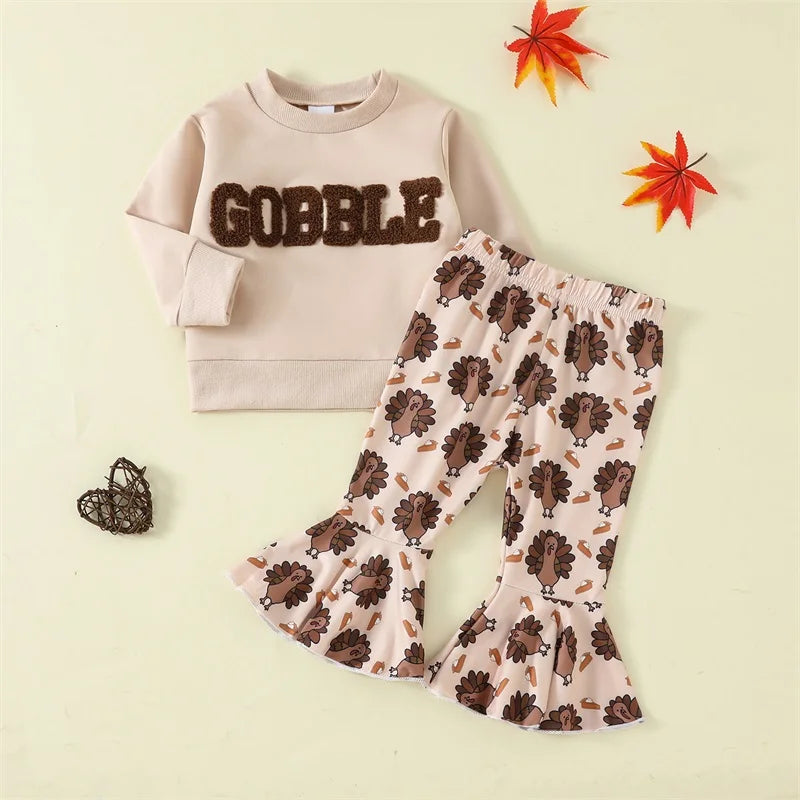 Toddler Girl Thanksgiving Outfits Letter Long Sleeve Sweatshirts Turkey Print Flare Pants 2Pcs Clothes Set