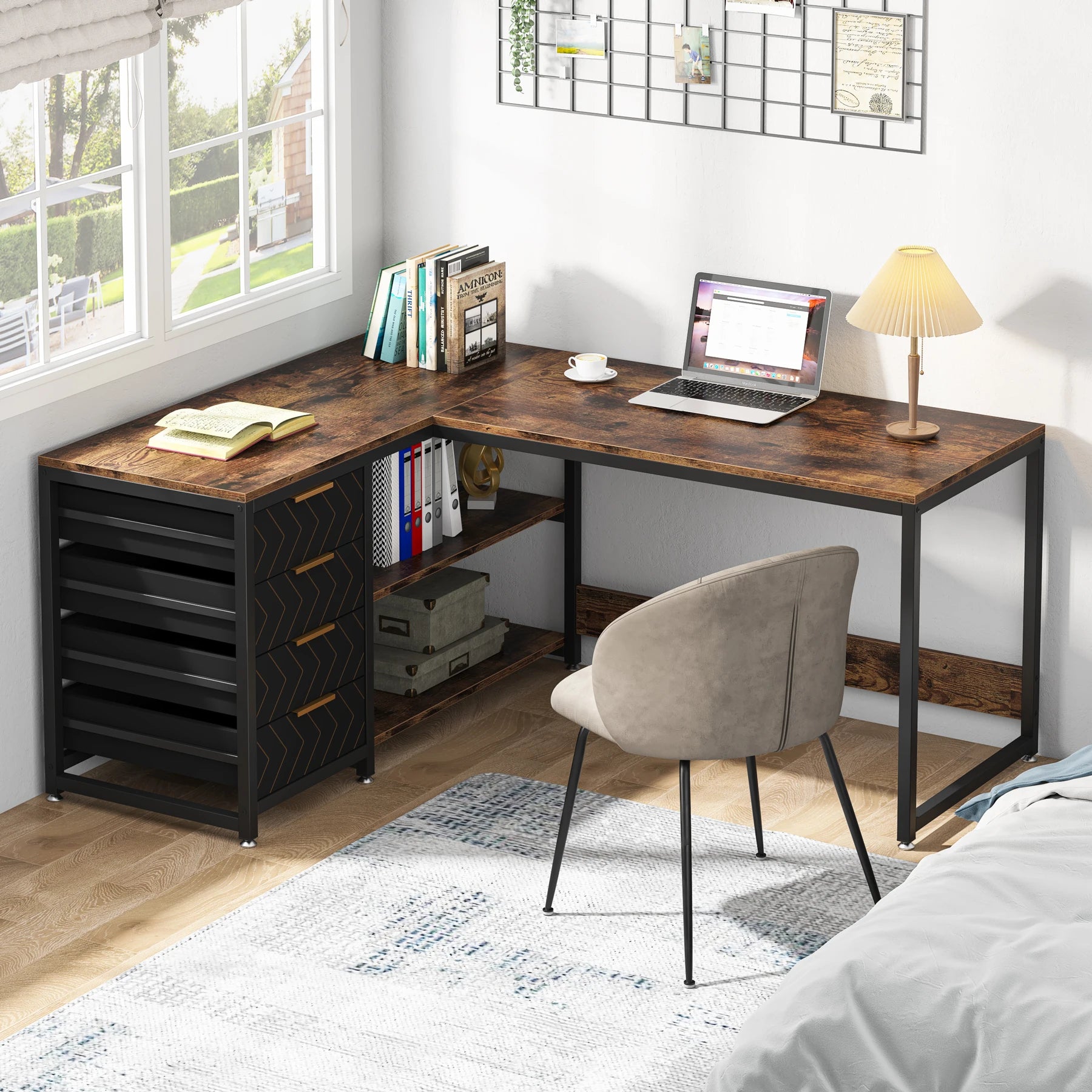 Computer Desk with Storage Drawers, 59 inch Corner Desk with Shelves, Reversible L-Shaped Office Desk Study