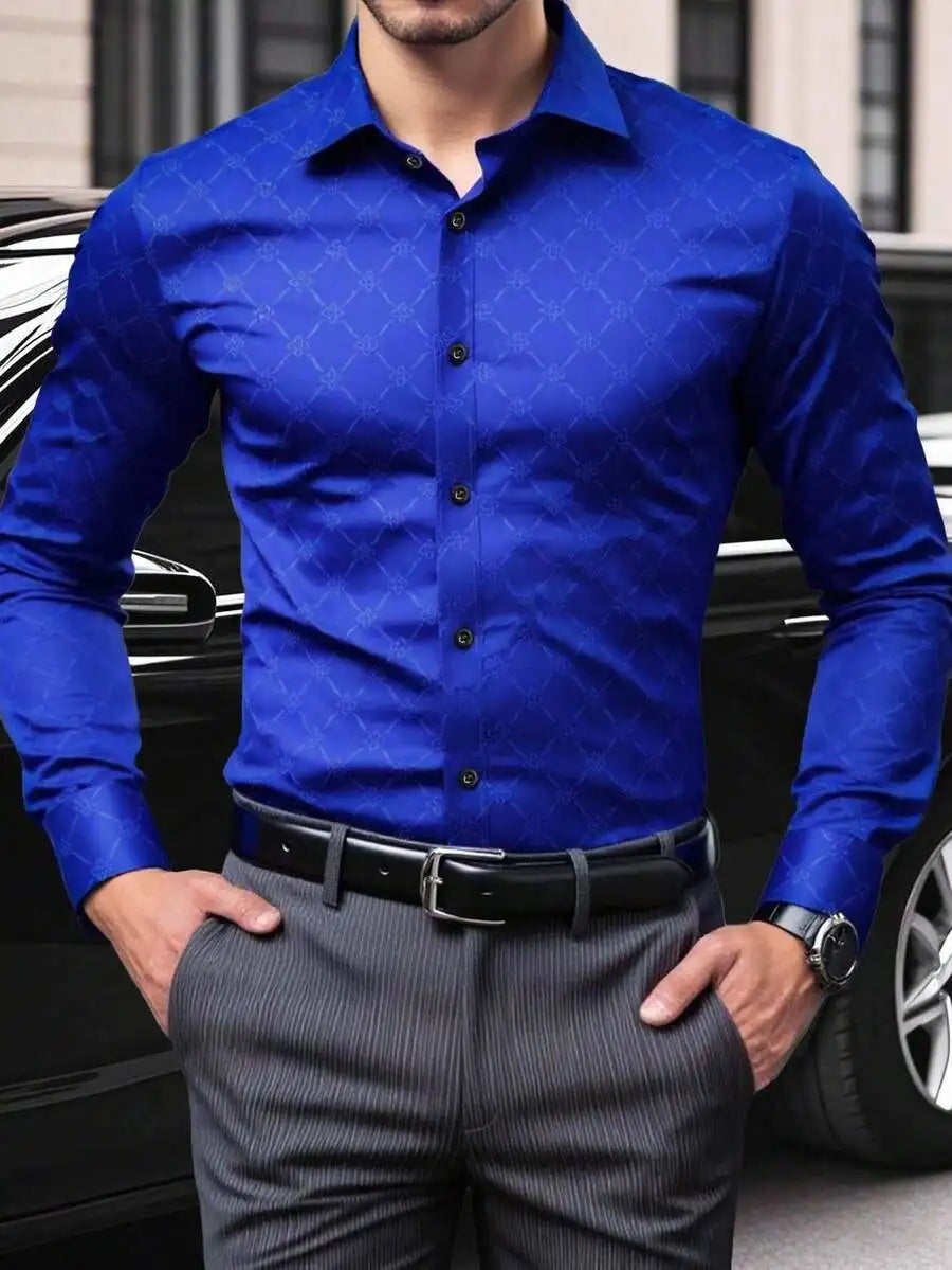 Men's Slim Fit Long Sleeve Button Down Dress Shirt with Geometric Pattern, Black, Fall