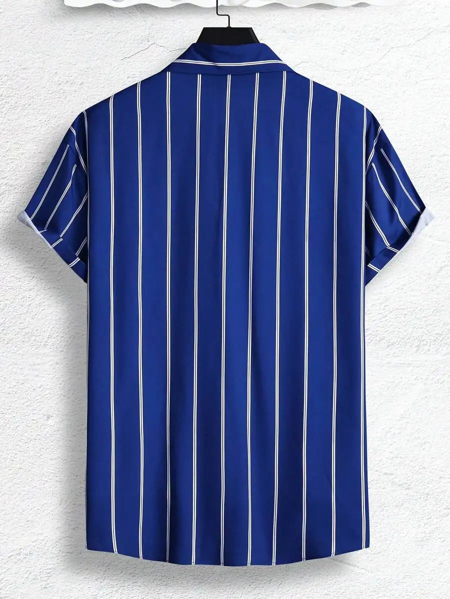 Men's Royal Blue Vertical Stripe Short Sleeve Casual Shirt