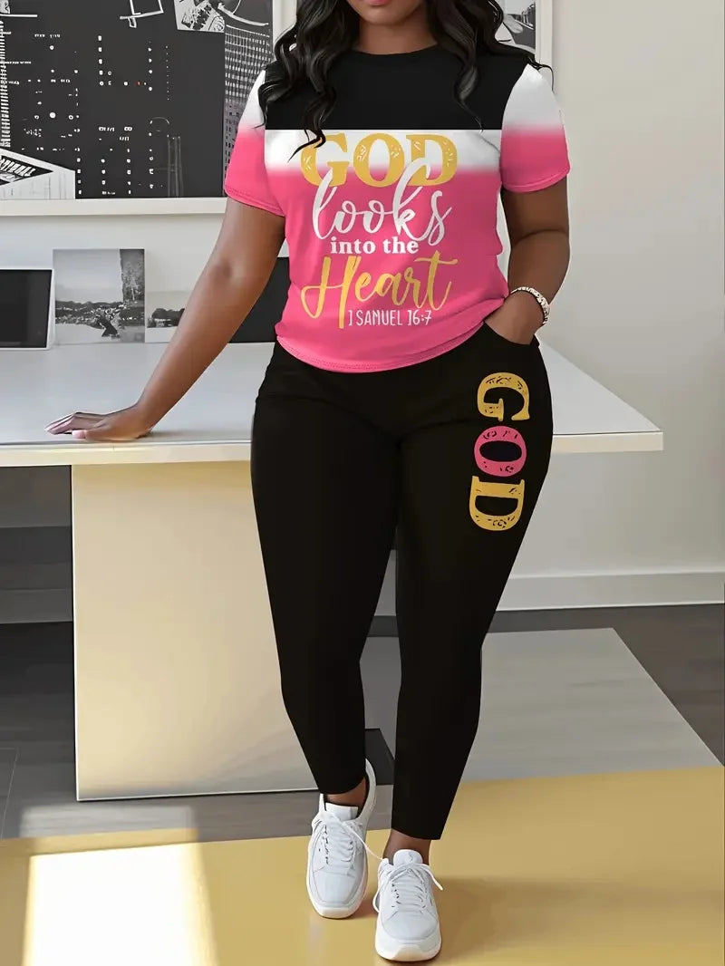 Plus Size Casual Women's Suit, Fashionable Gradient Print Color Matching Two-Piece Set