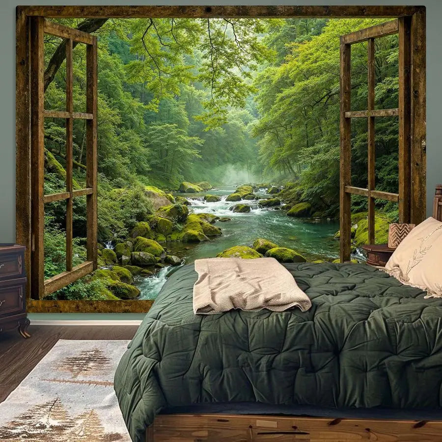 Window Forest Tapestry Green Nature Jungle Wall Tapestry for Bedroom Aesthetic Rainforest Stream Outdoor Landscape