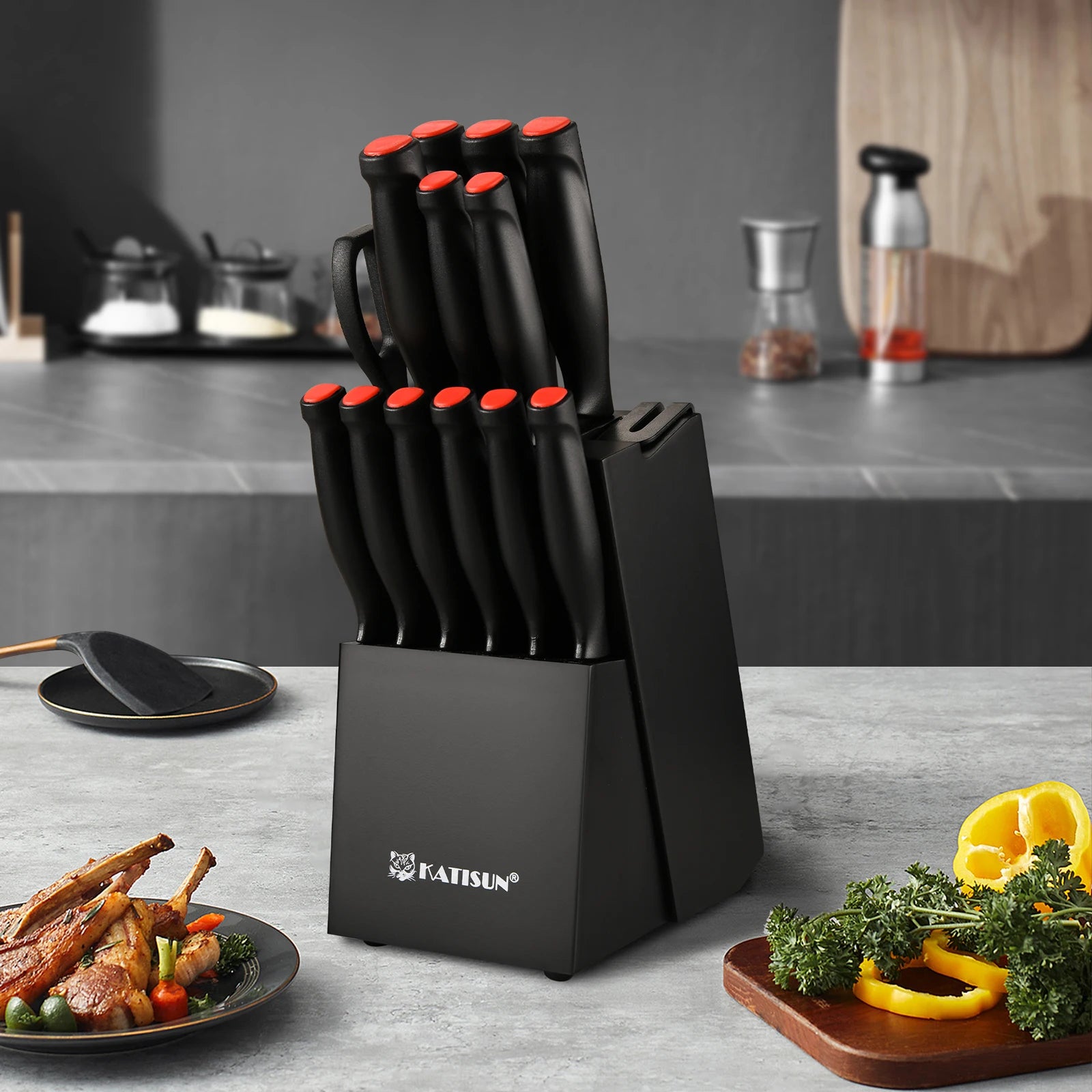 15 Pieces  Pattern Kitchen Knife Set, Ergonomic Black Anti-Slip Handle, Includes Sharpener