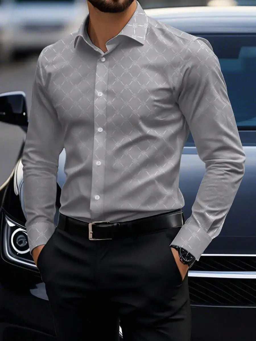 Men's Slim Fit Long Sleeve Button Down Dress Shirt with Geometric Pattern, Black, Fall