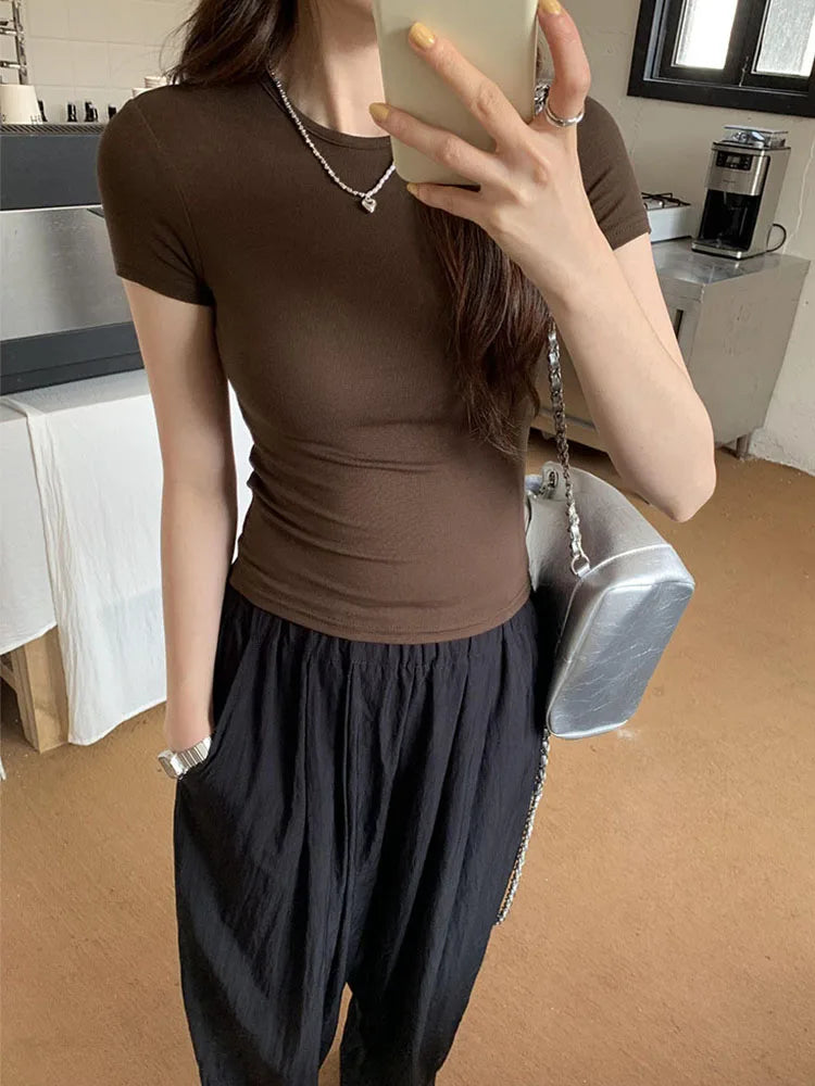 Women's Basic Solid Crop Top Short Sleeve Crewneck Skinny T-shirt Summer Casual Y2K  Streetwear