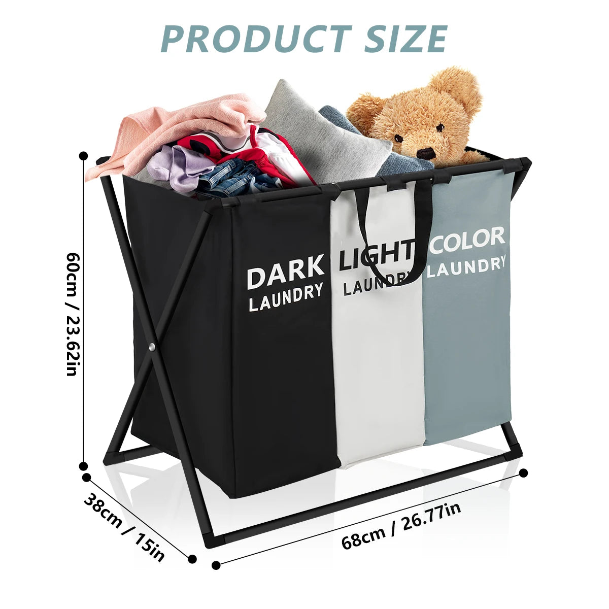 3 Sections Divided Laundry Basket  Laundry Hamper Foldable Washing Bin Dirty Cloth