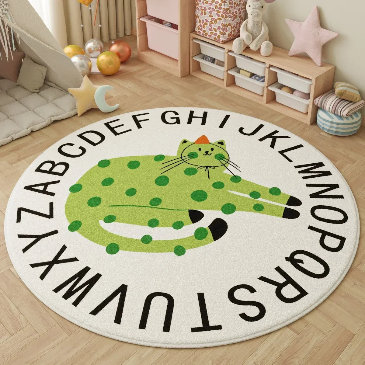 Green Polka Dot Cat Alphabet Round Rug Educational Non Slip Floor Mat for Toddler Learning and Play