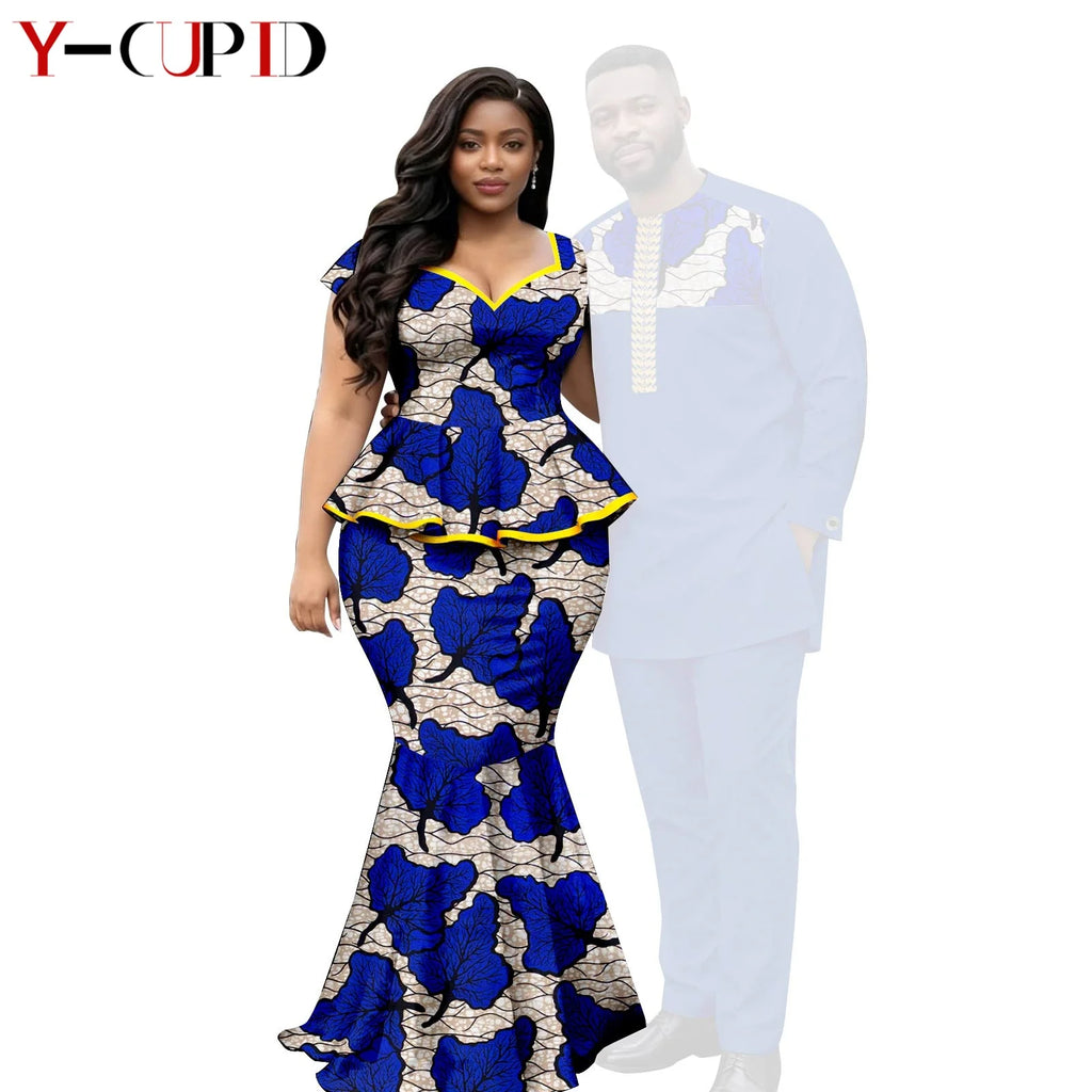 African  Women Print Top and Mermaid Skirts Sets Matching Men Outfits Top Shirt and Pant Sets