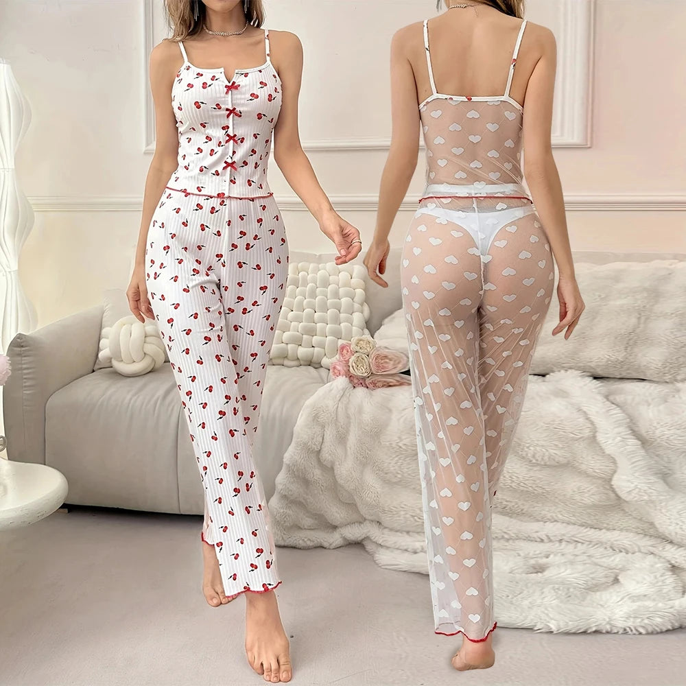 Women's Sleepwear Lace Pajama Sets Contrast Lace Pajamas Pj Set Summer Sleevelss Cami Top & Elastic Pants Pyjama 2 Piece Pajamas
