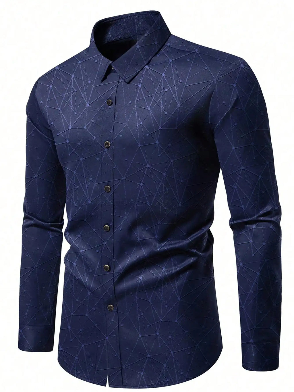 Men's Long Sleeve Dress Shirt with Geometric Pattern, Polyester, Golden Buttons