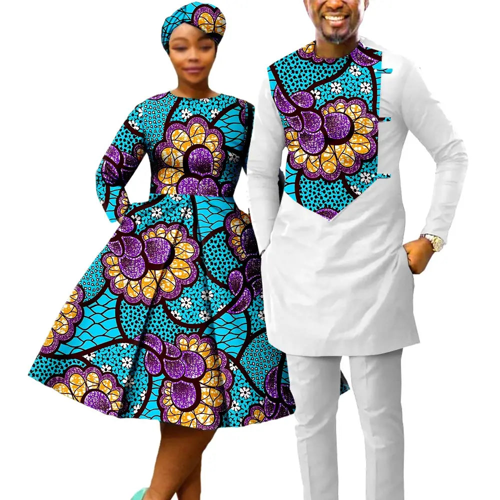 African Print Dresses for Women with Head wrap Matching Couple Outfits Men Patchwork Shirt and Pants Sets