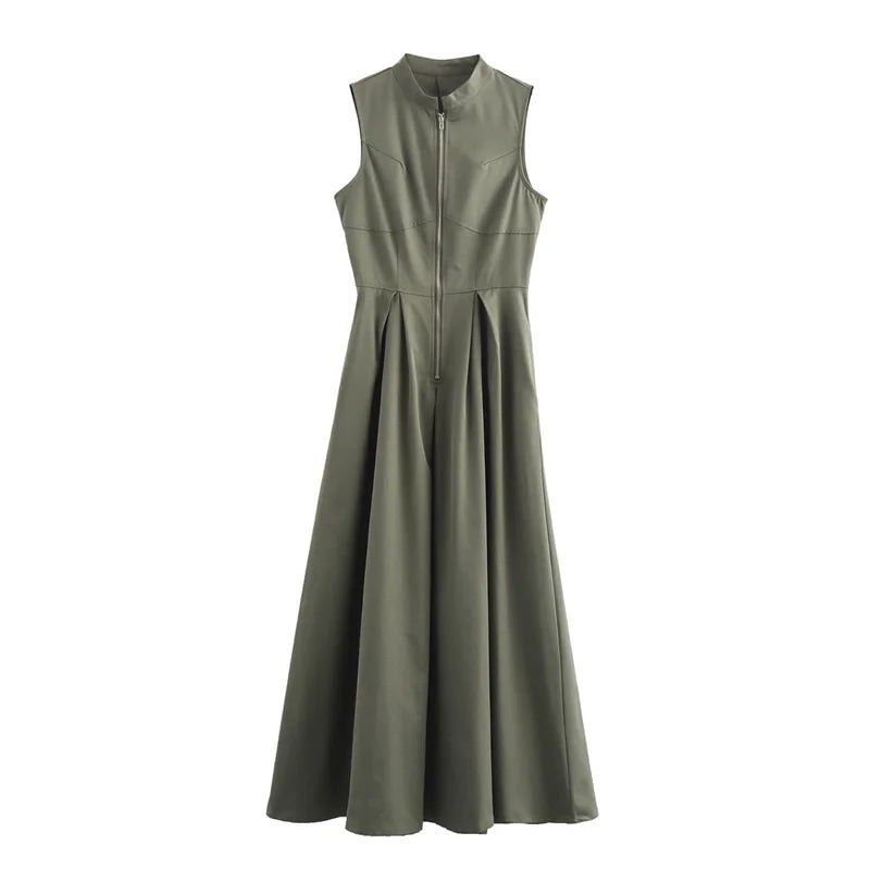 Zipper Long Dress Woman Pleated Sleeveless  Summer Elegant Party Dresses