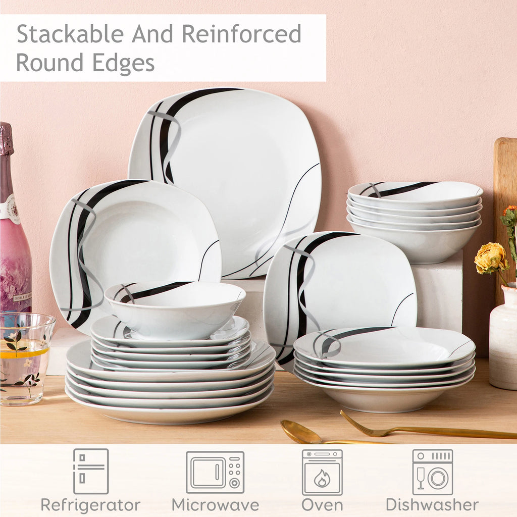 VEWEET FIONA 18-Piece Porcelain Ceramic Black Line Kitchen Tableware Dishes Plate Set