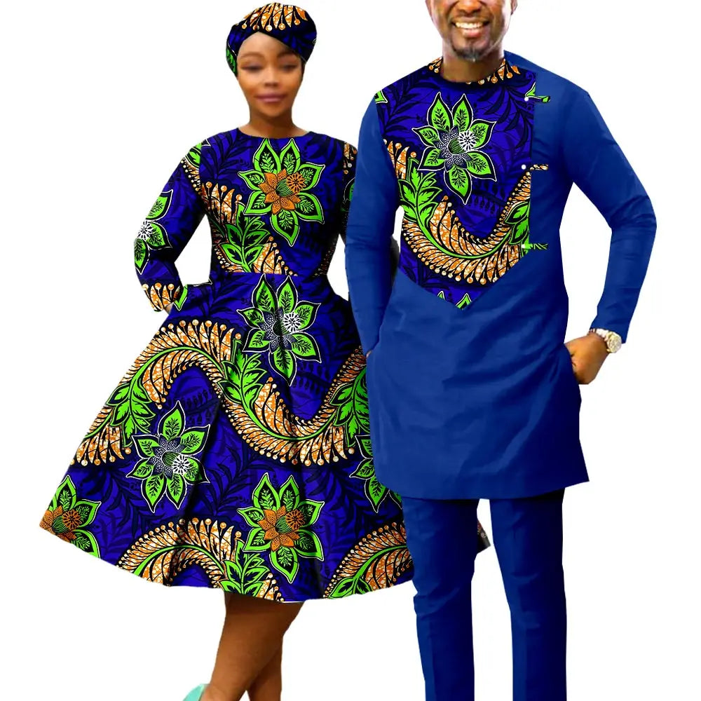 African Print Dresses for Women with Head wrap Matching Couple Outfits Men Patchwork Shirt and Pants Sets