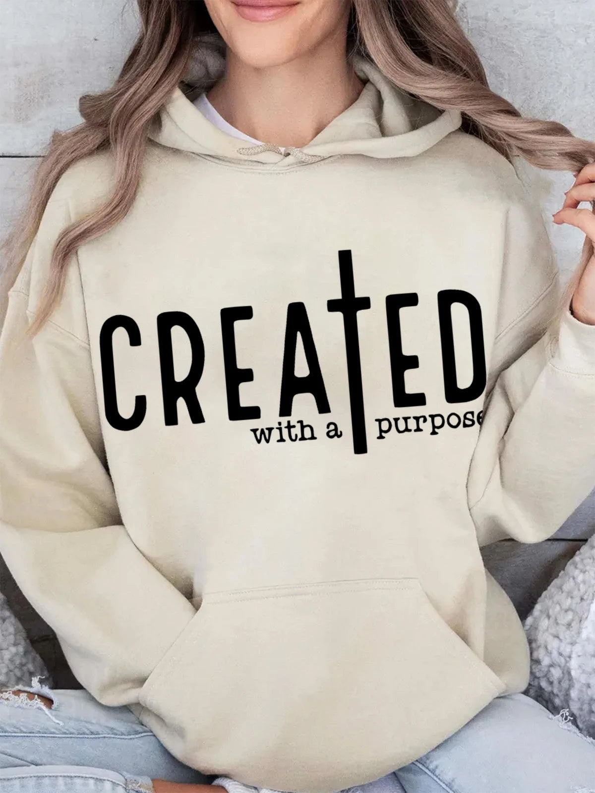 Created with A Purpose Hoodies Faith Bible Saying Sweatshirt Unisex Long Sleeve Pullover Sweatshirt Tops