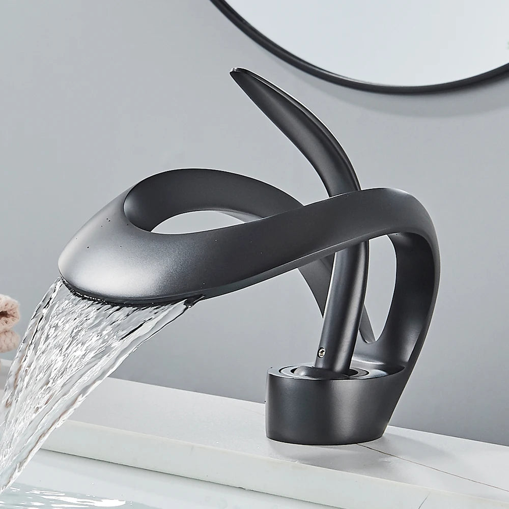 Luxury  Basin Faucet Grey Bathroom Waterfall Mixer  Deck Mount Hot Cold Water