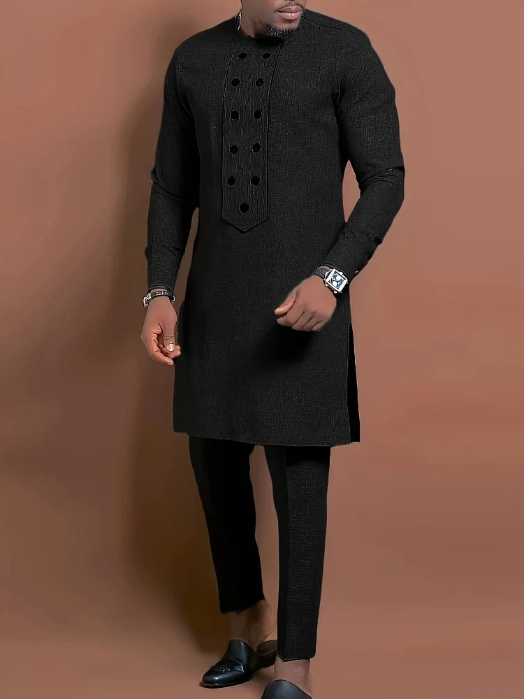Men's Casual Long-Sleeved Two-Piece Set: Mid-Length Top and Trousers