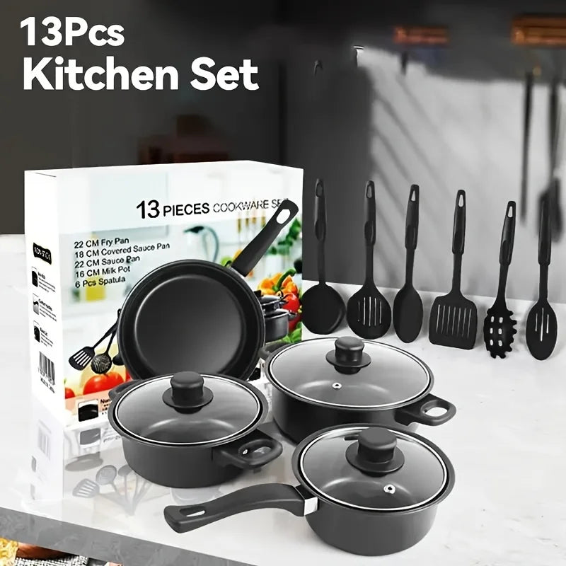 13-Piece Nonstick Cookware Set Black  Pot Pan Set with Frying Pan & Utensils