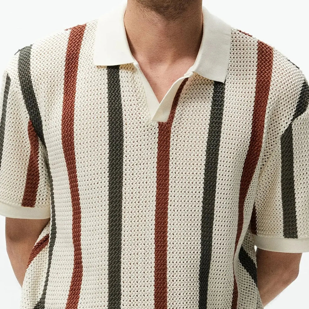 Men's Summer Chunky Knit Short-Sleeve Polo Shirt With Stripes And Contrast Colors, Casual Wear