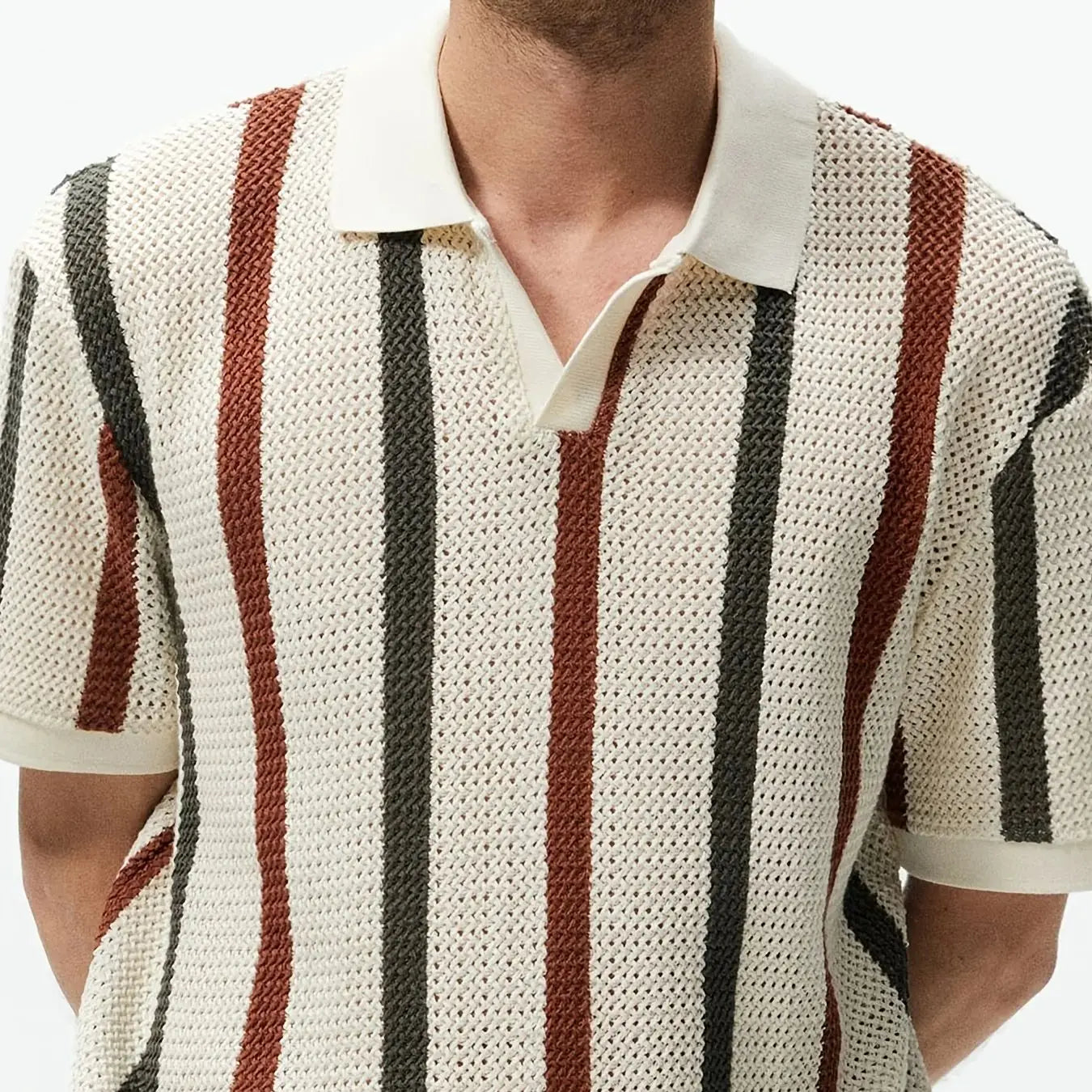 Men's Summer Chunky Knit Short-Sleeve Polo Shirt With Stripes And Contrast Colors, Casual Wear