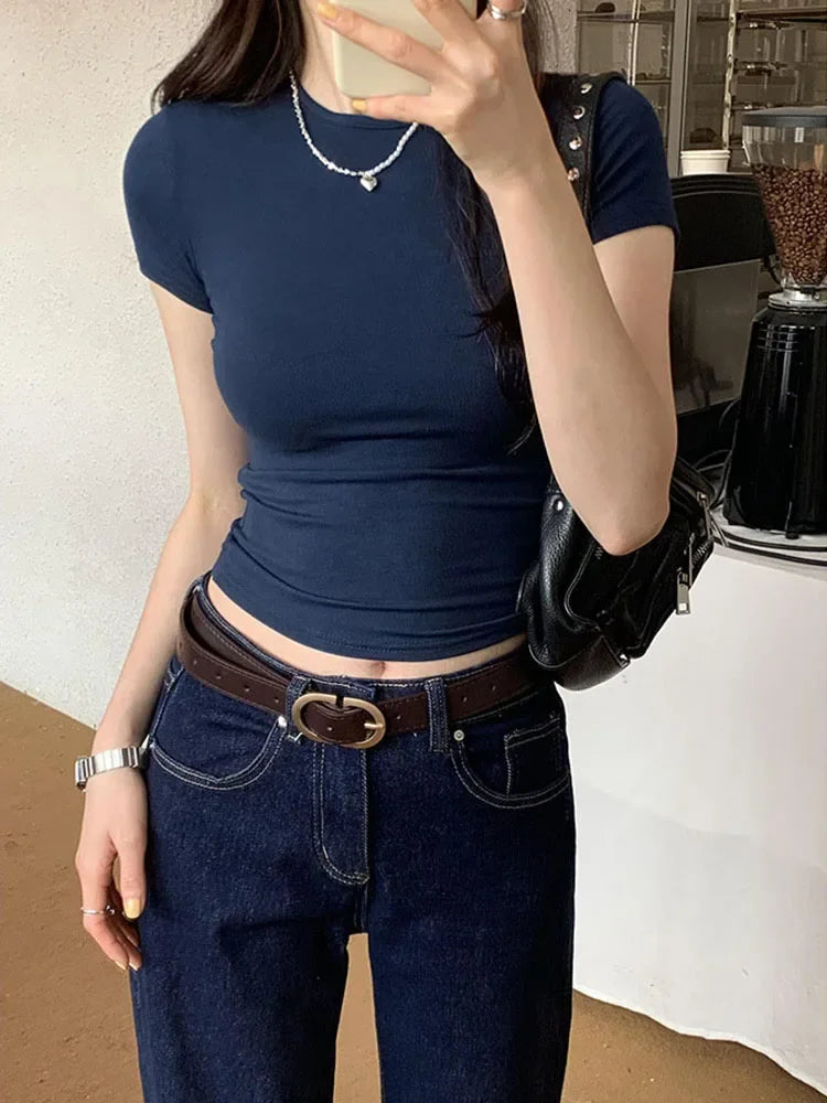 Women's Basic Solid Crop Top Short Sleeve Crewneck Skinny T-shirt Summer Casual Y2K  Streetwear
